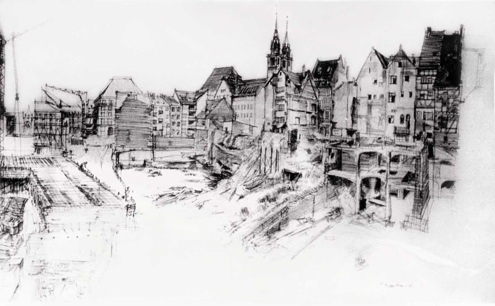 Baustelle Hochwasserstollen der Pegnitz mit Blick auf Lorenzkirche | Federzeichnung | Friedrich Neubauer