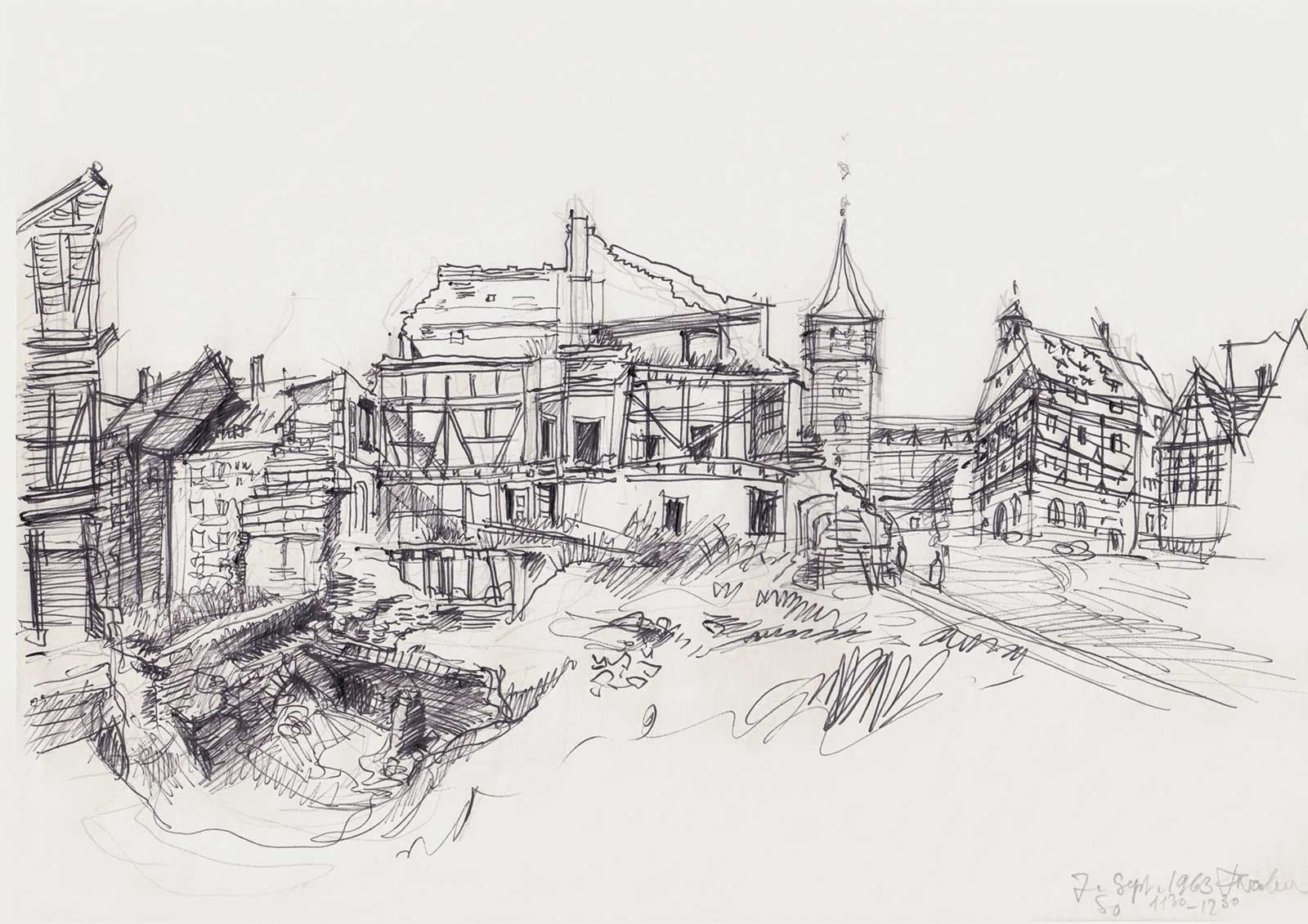 View of Ruins between Albrecht-Durer-Place and Tiergärtnertor | pencil drawing | Friedrich Neubauer