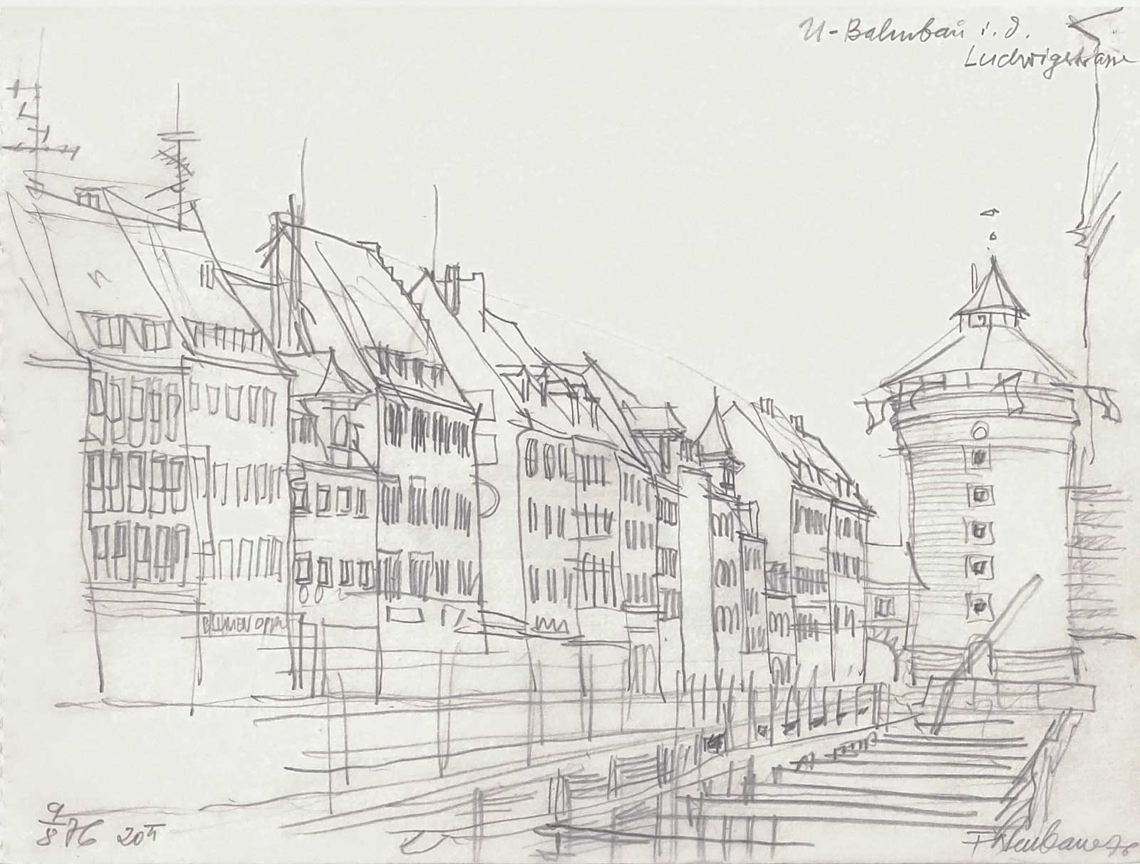 Construction of the Underground in Ludwigstraße | pencil drawing | Friedrich Neubauer