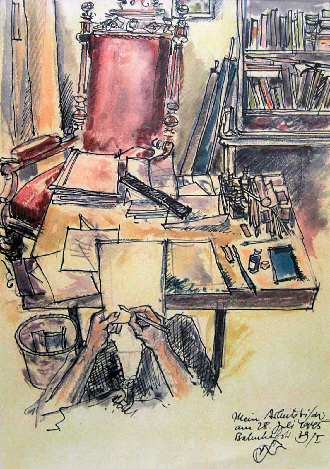 My working Place | pen-and-ink drawing/aquarelle | Friedrich Neubauer