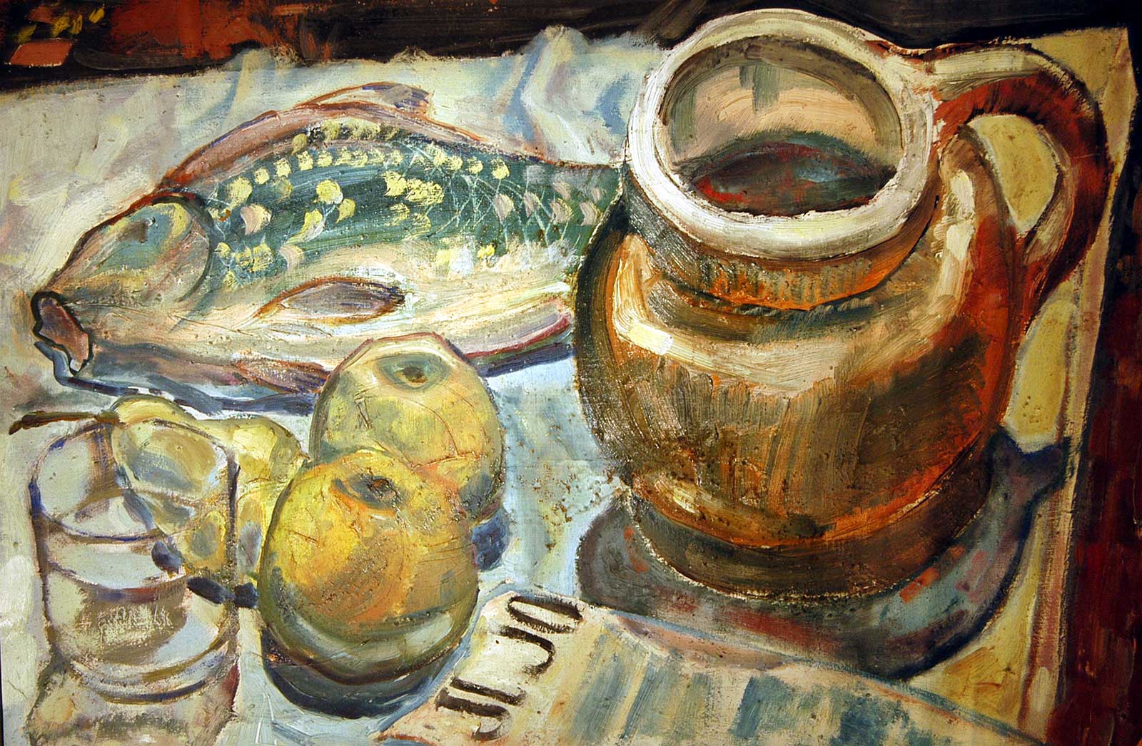 Jug with Fish and Fruits 2 | oil paint/carton | Friedrich Neubauer