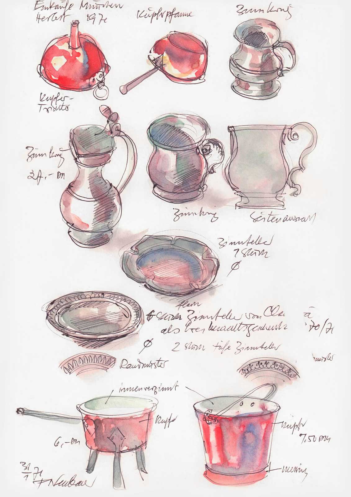Hausratstudie mit detailgetreu dargestellten Küchengeräten |  | Friedrich Neubauer